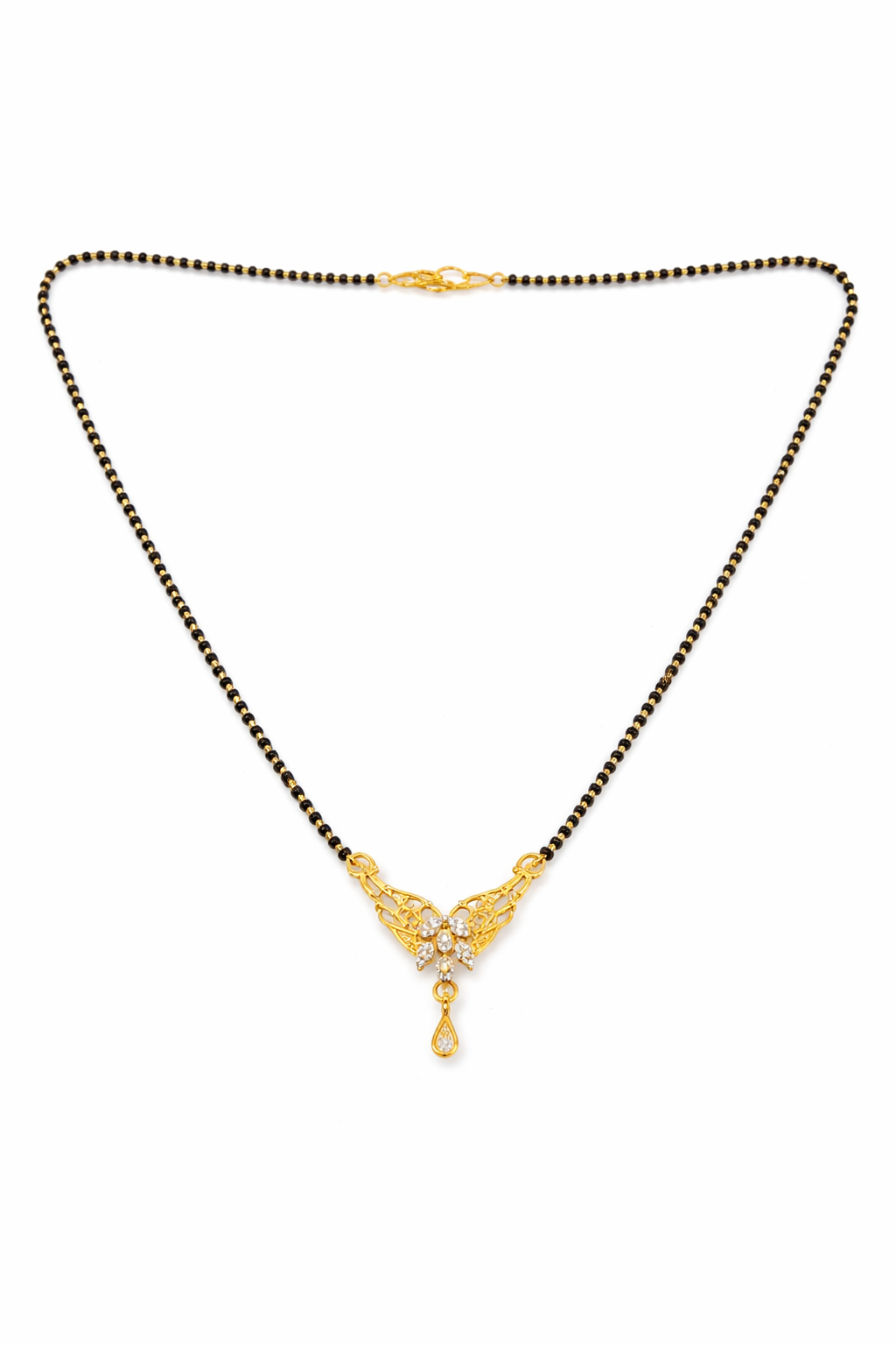 Gold-Plated CZ Floral Mangalsutra with Filigree Pendant and Teardrop Charm for Women