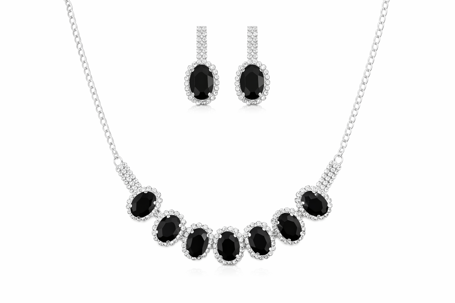 Black Stone AD Necklace Set with Oval Halo Design and Earrings