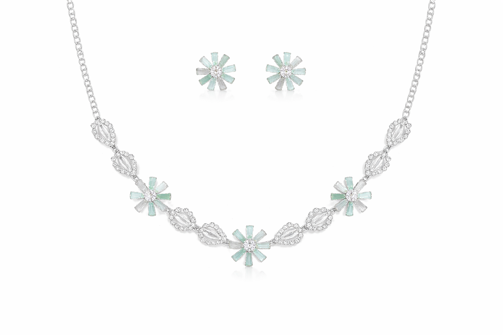 Mint Green Floral AD Necklace Set with Crystal Detailing and Earrings
