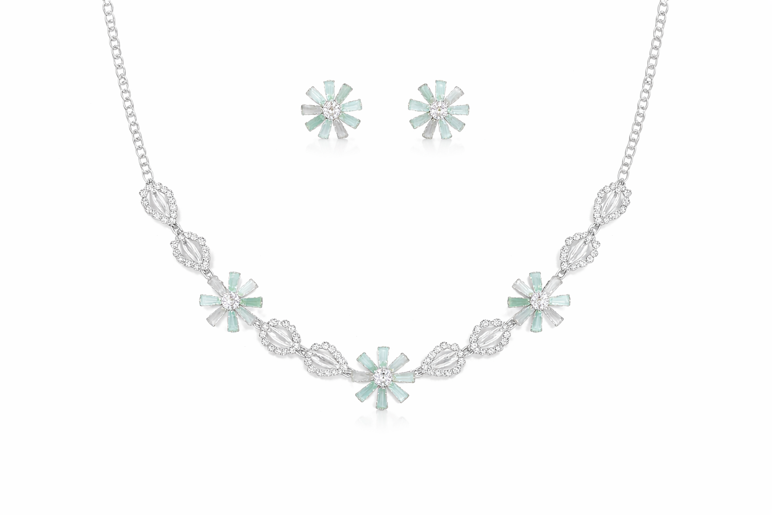 Mint Green Floral AD Necklace Set with Crystal Detailing and Earrings
