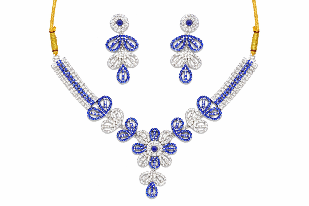 Blue Stone Floral Necklace Set with Dual Tone Design and Earrings