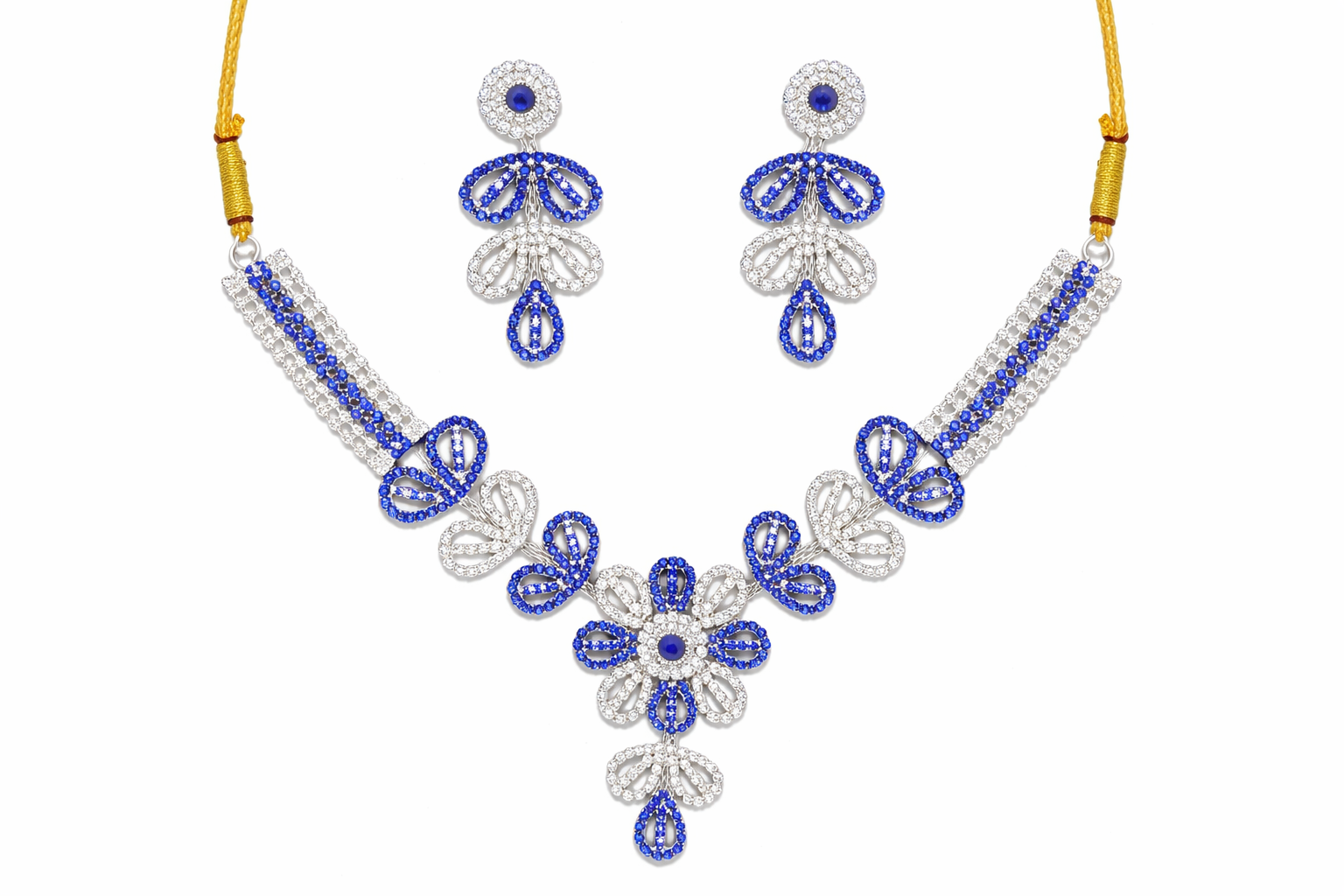 Blue Stone Floral Necklace Set with Dual Tone Design and Earrings