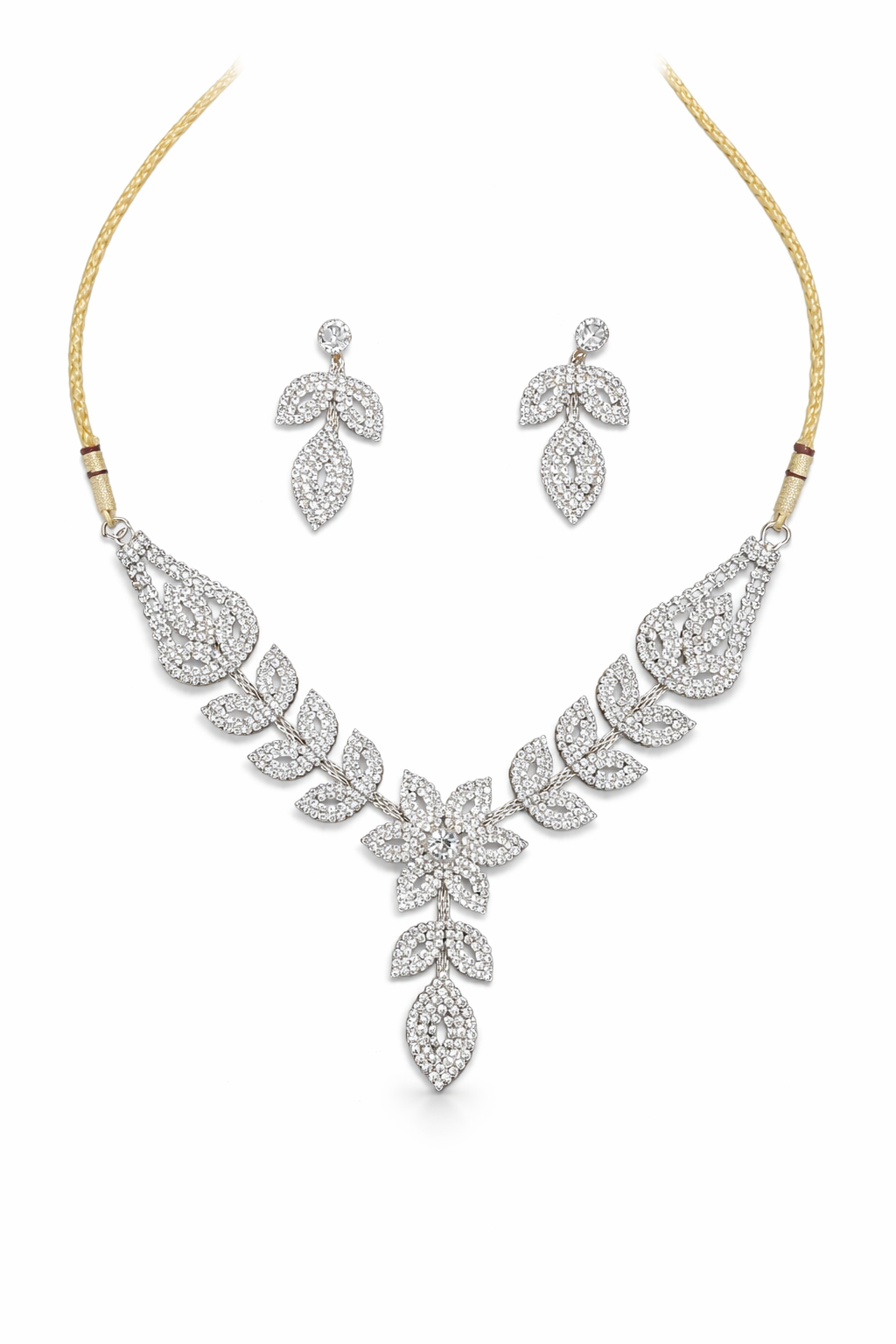 Dual Tone Floral Necklace Set with Leaf Design and Stud Earrings