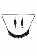Black Beaded Statement Necklace Set with Fringe Design and Drop Earrings