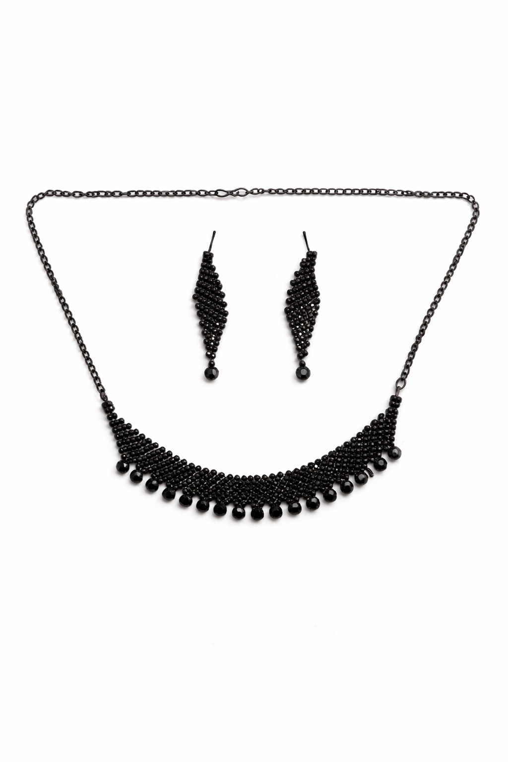 Black Beaded Statement Necklace Set with Fringe Design and Drop Earrings