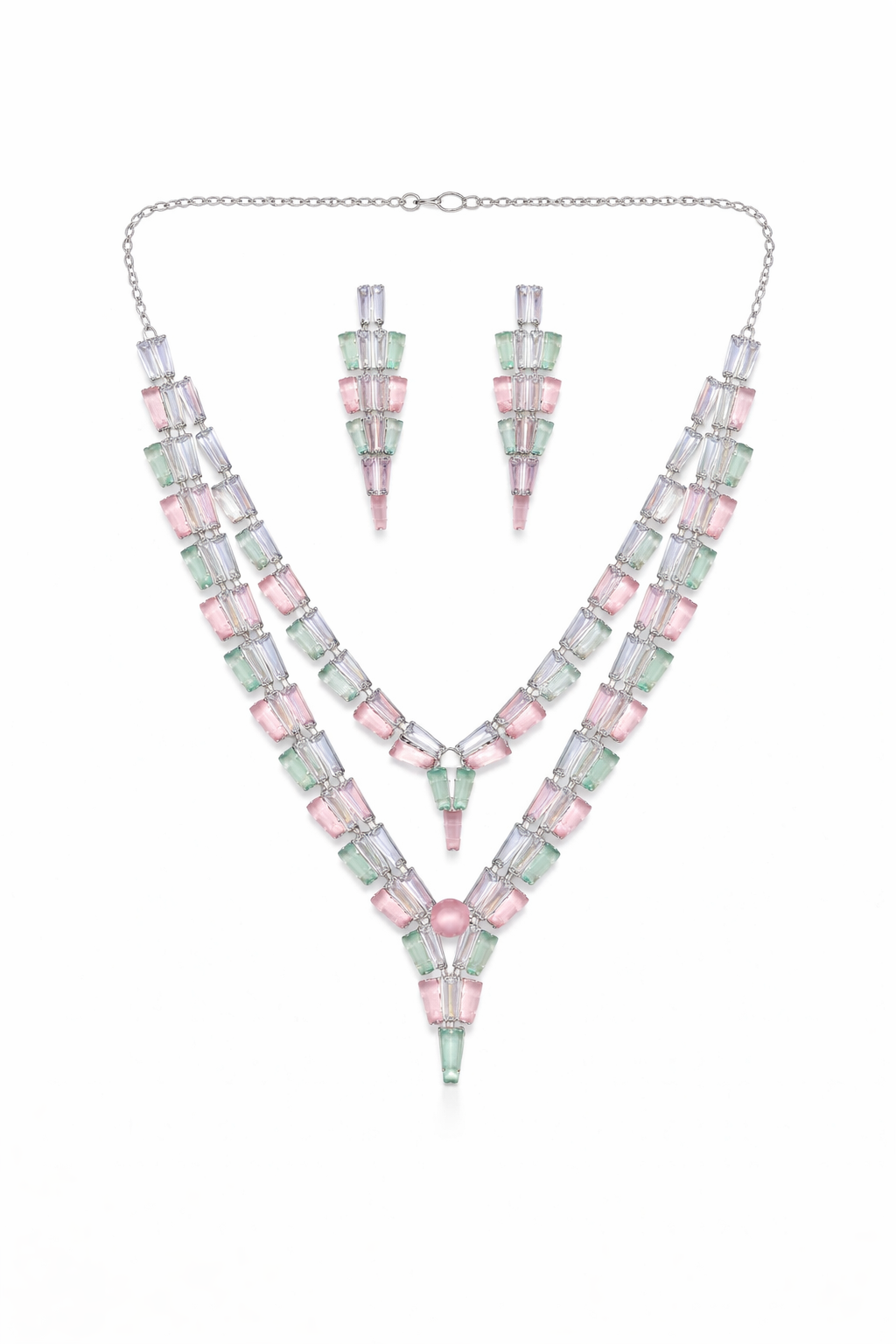 Pastel Crystal Layered Necklace Set with Drop Earrings