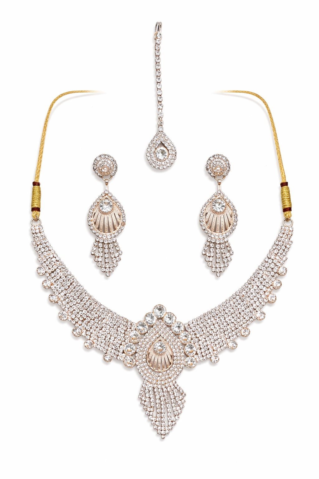 Rose Gold Statement Necklace Set with Crystal Layers and Maang Tikka