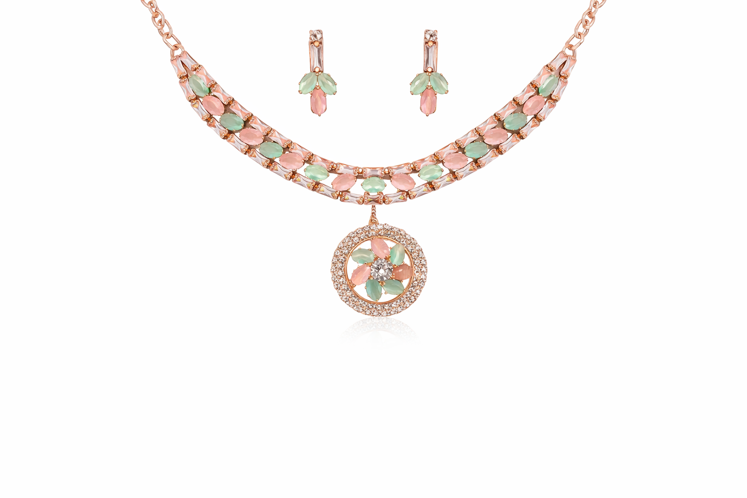 Rose Gold Pastel Stone Necklace Set with Floral Pendant and Earrings