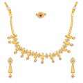Traditional Gold Necklace Set with Multi Drop Design and Ring