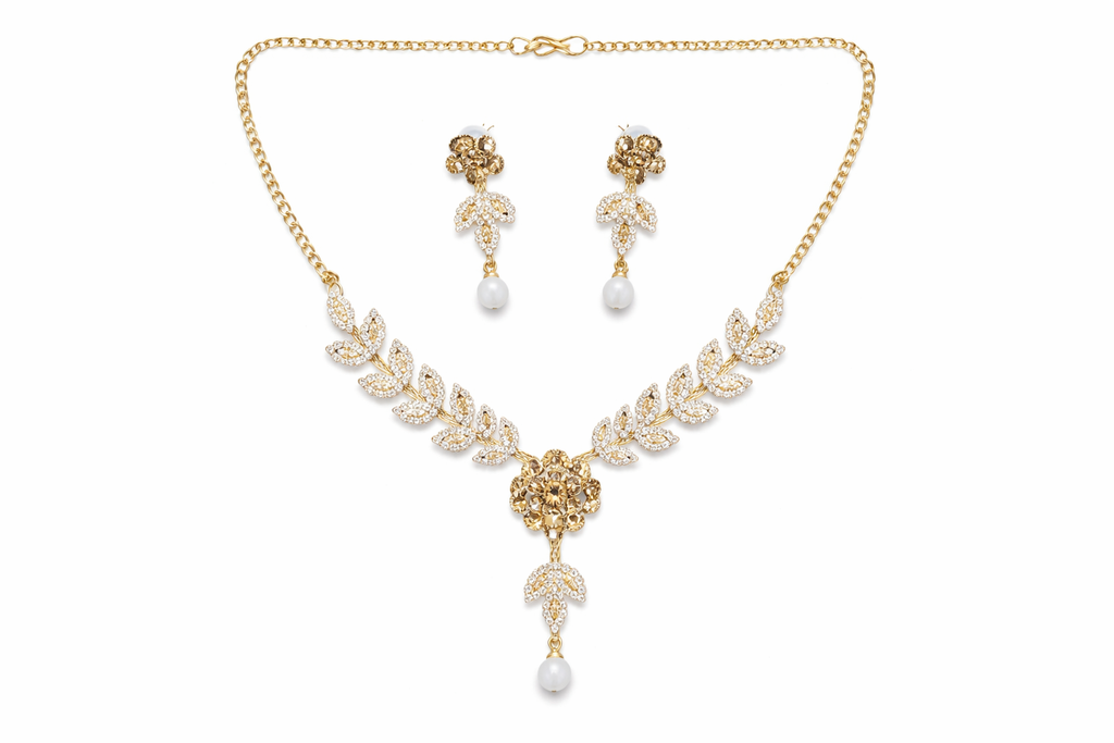 Gold Leaf Floral Necklace Set with Pearl Drops and Matching Earrings