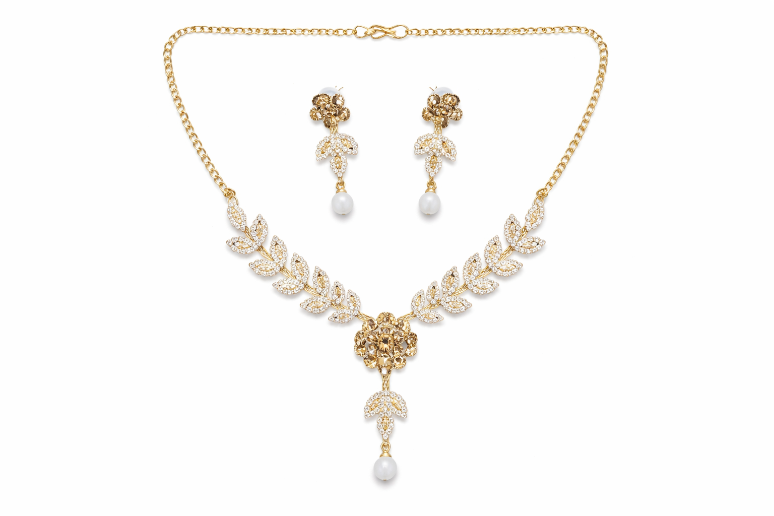 Gold Leaf Floral Necklace Set with Pearl Drops and Matching Earrings