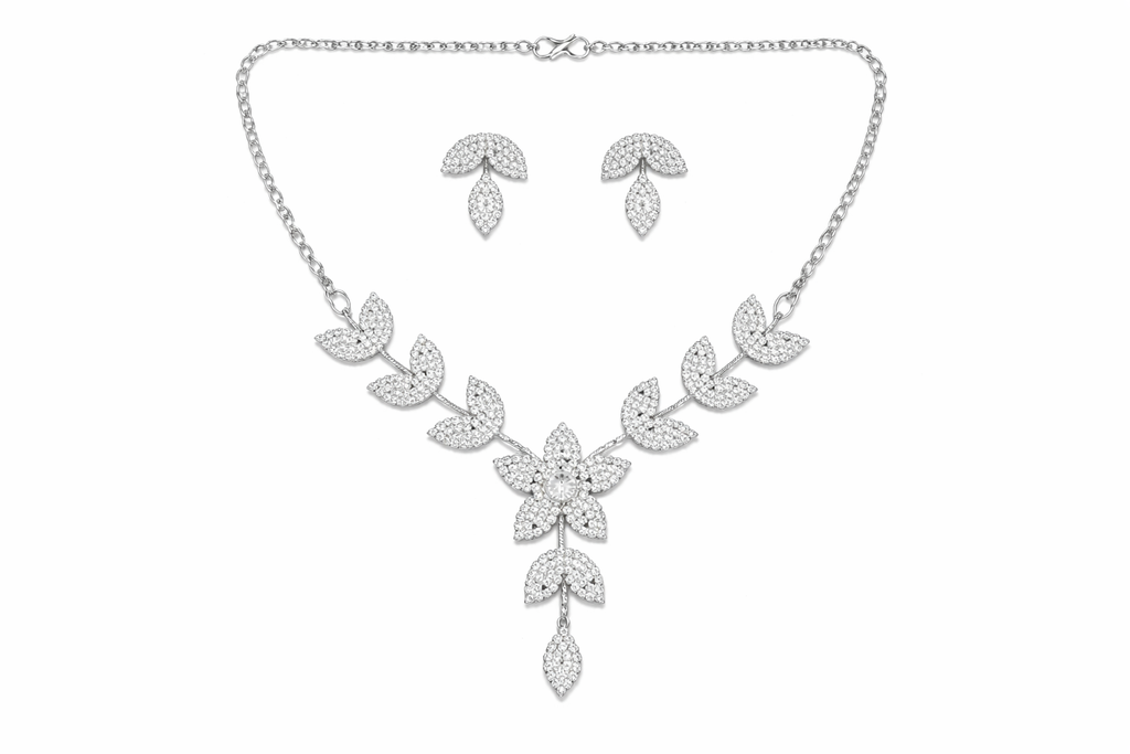 Silver Leaf Floral Necklace Set with Drop Pendant and Stud Earrings