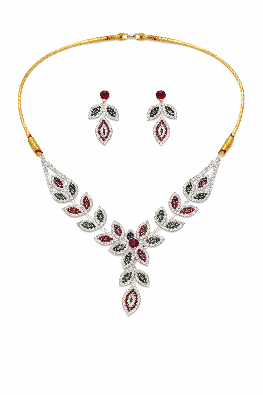 Multicolor Leaf Floral Necklace Set with Red and Green Stones