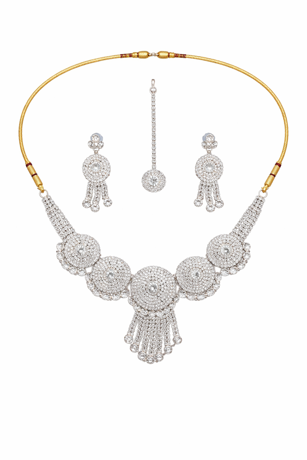 Circular Stone Statement Necklace Set with Tassel Drops and Earrings