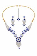 Blue Stone Statement Necklace Set with Circular Pendant and Tassel Drops