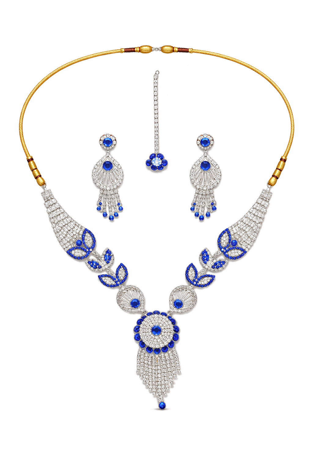 Blue Stone Statement Necklace Set with Circular Pendant and Tassel Drops