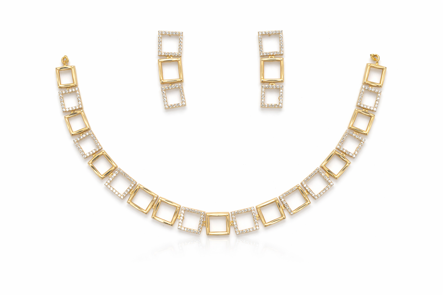 Geometric Square Gold Necklace Set with Stud Earrings
