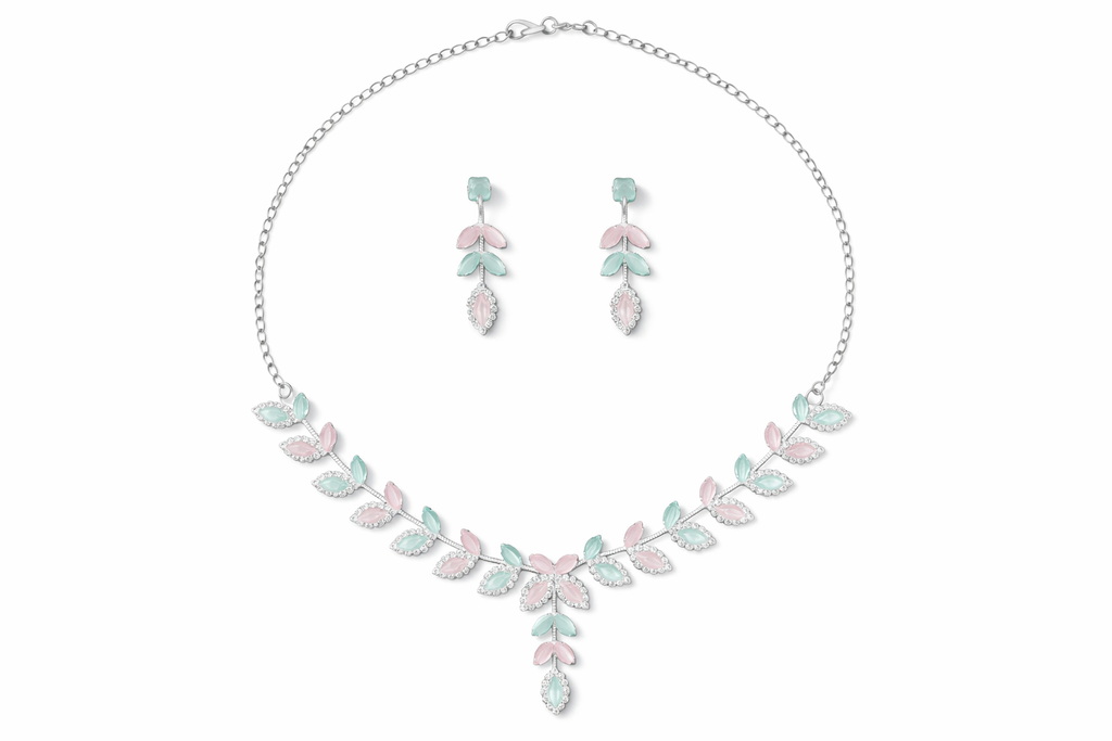 Pastel Leaf AD Necklace Set with Pink and Mint Stones and Earrings