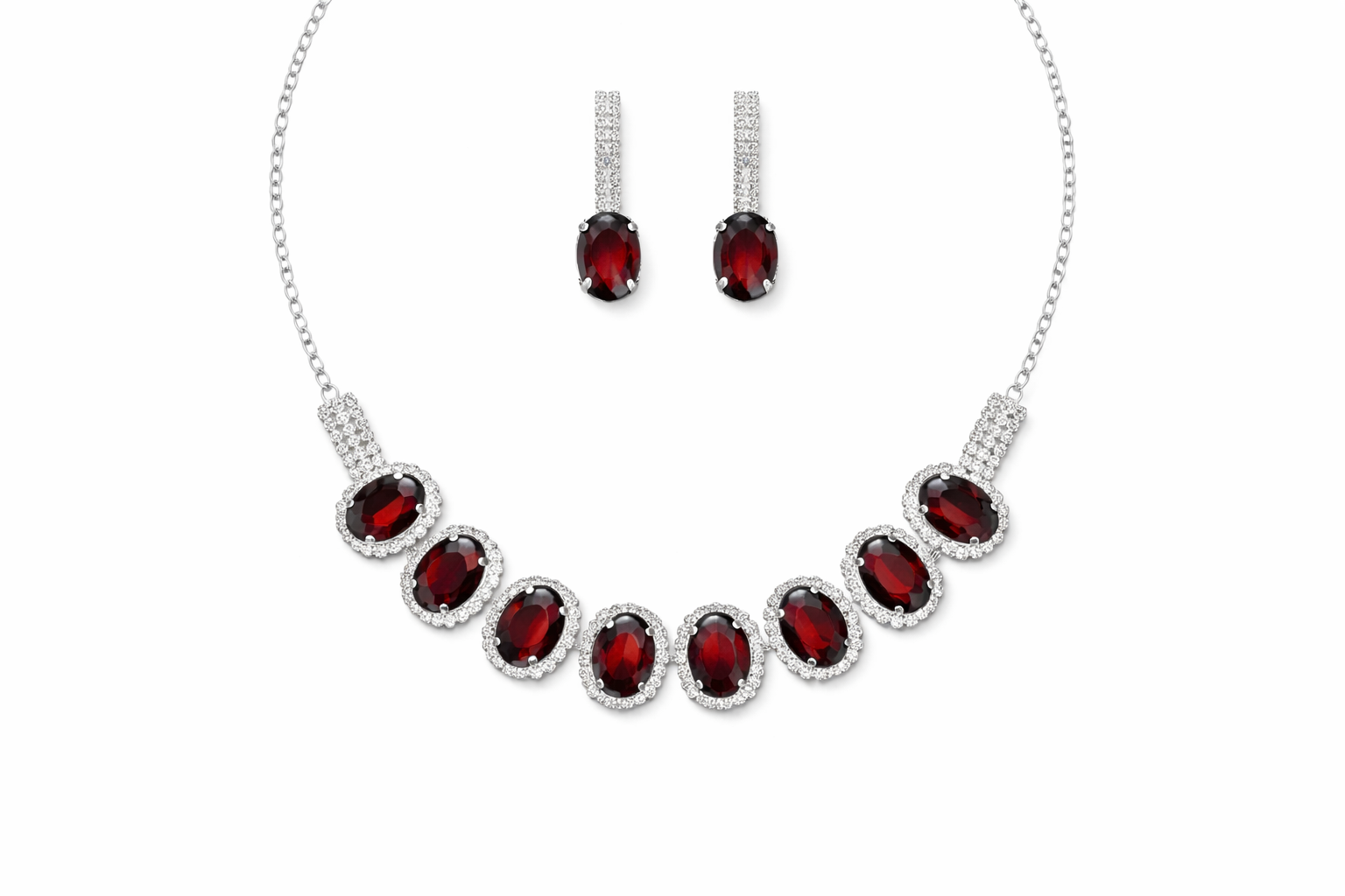 Red Stone AD Necklace Set with Oval Halo Design and Earrings