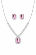 Pink Stone AD Pendant Necklace Set with Baguette Chain and Stud Earrings