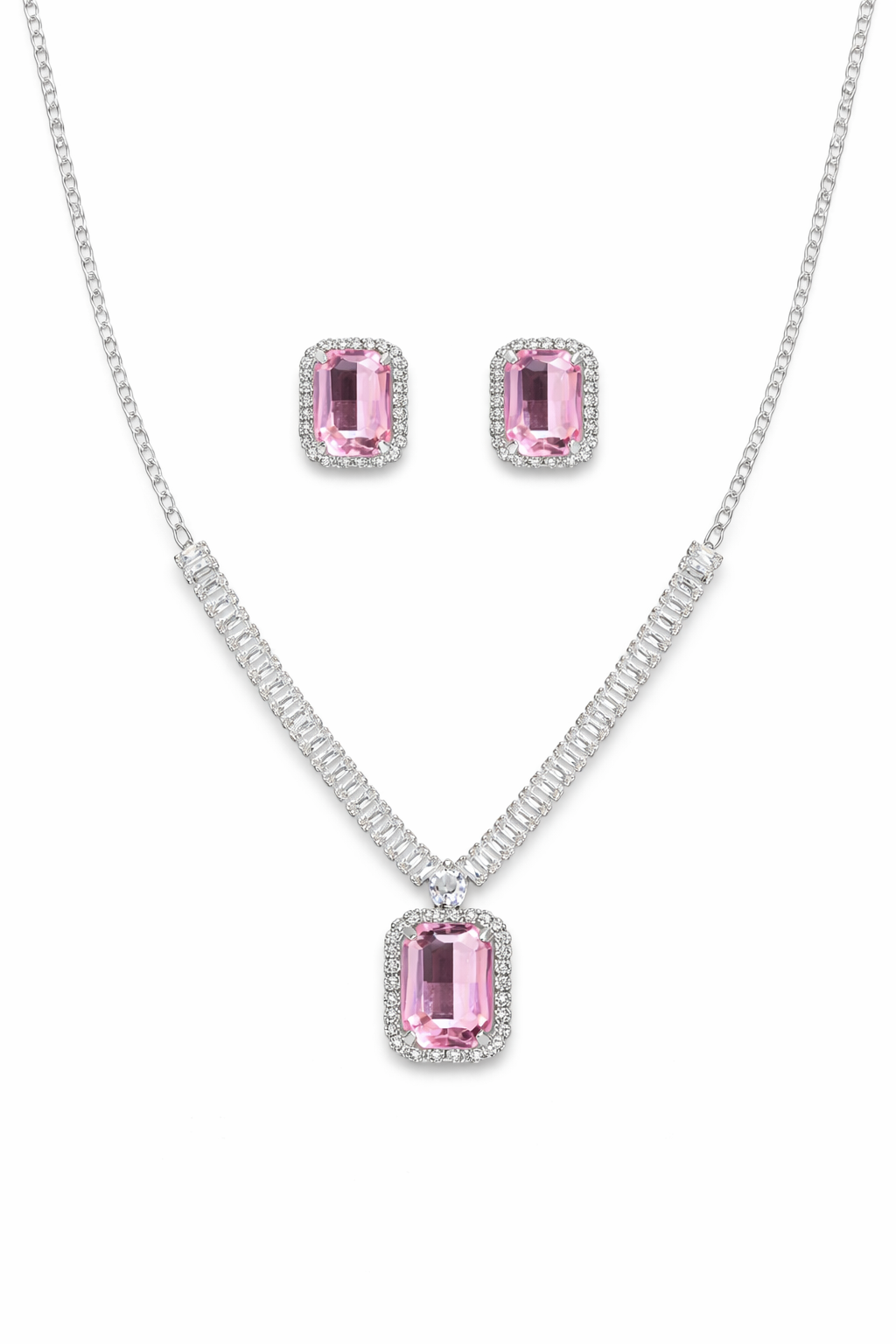 Pink Stone AD Pendant Necklace Set with Baguette Chain and Stud Earrings