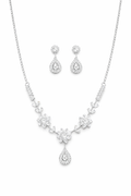 Silver Floral Necklace Set with Teardrop Crystal Pendant