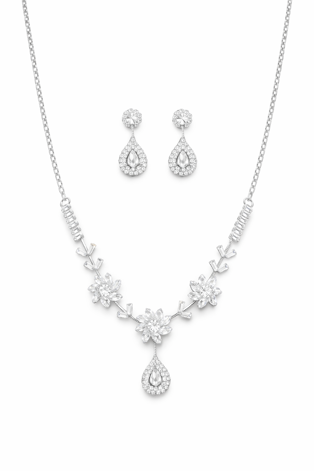 Silver Floral Necklace Set with Teardrop Crystal Pendant