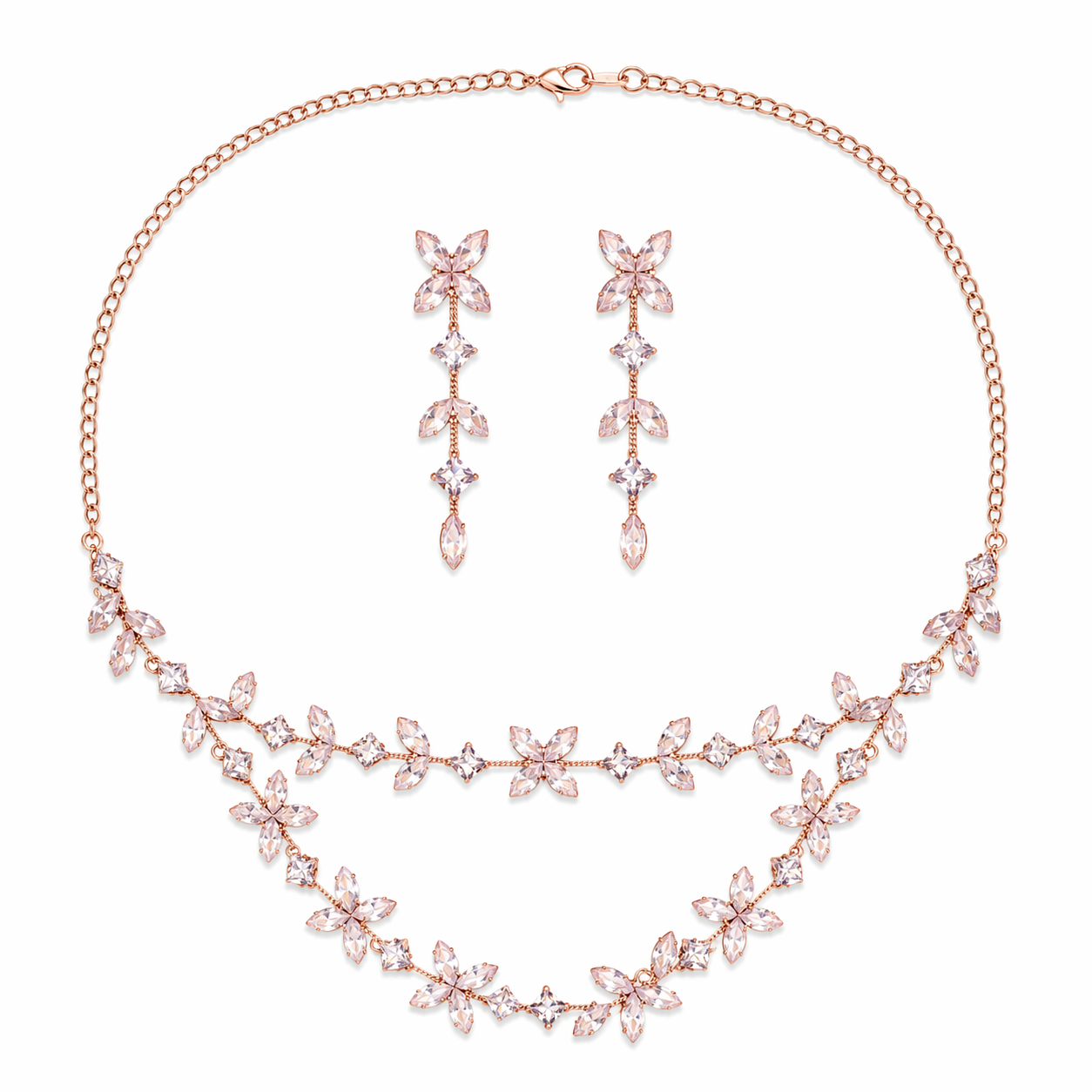 Rose Gold Floral Necklace Set with Long Drop Earrings