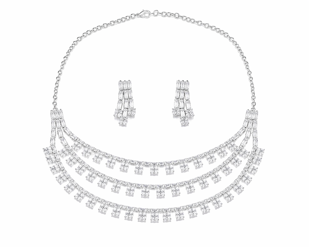 Layered Crystal Fringe Necklace Set with Drop Earrings