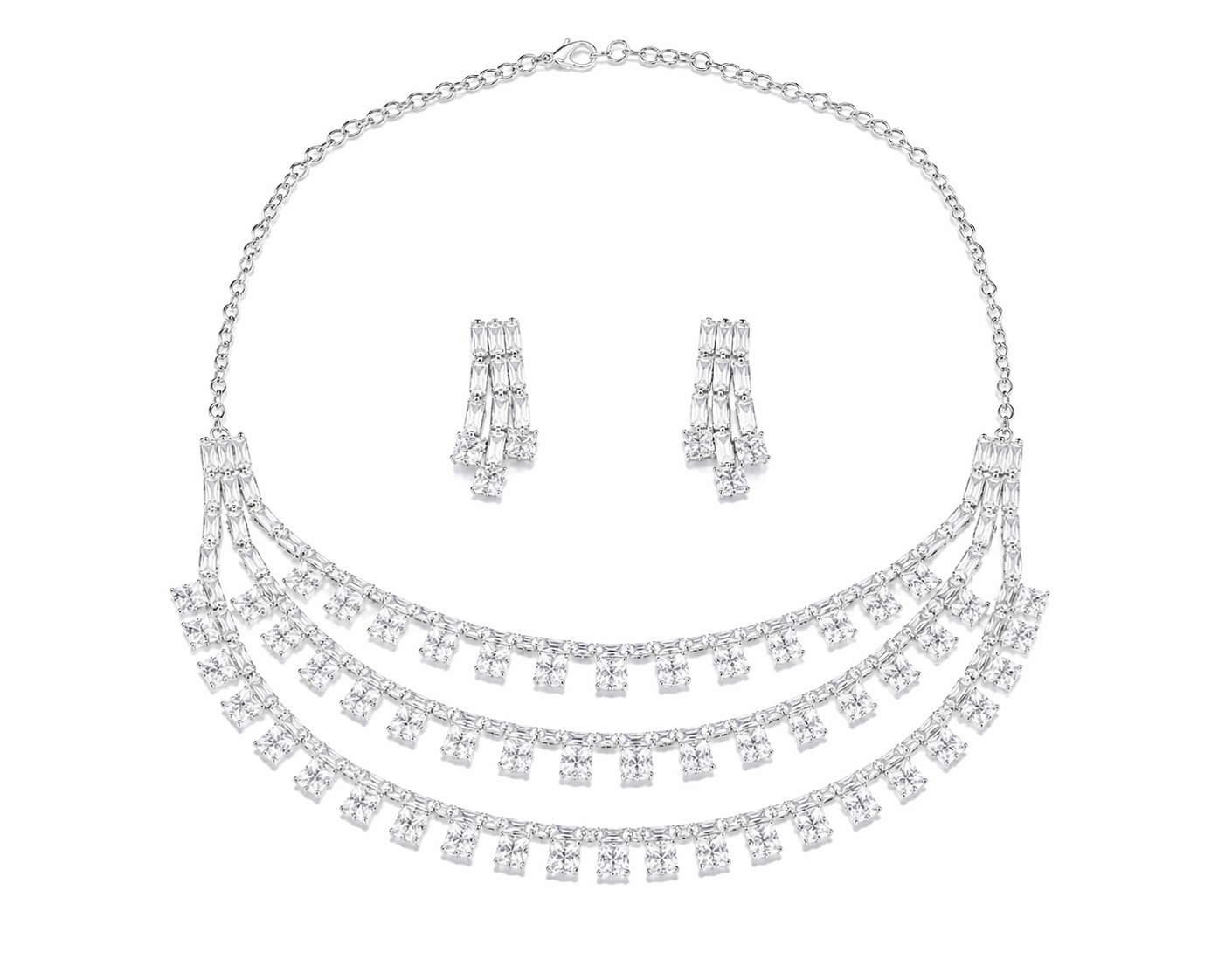 Layered Crystal Fringe Necklace Set with Drop Earrings