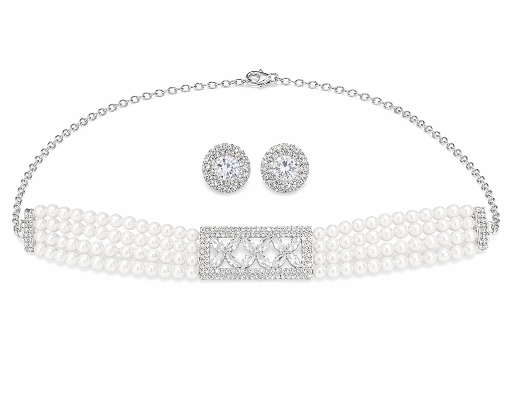Pearl Choker Necklace Set with Floral AD Centerpiece