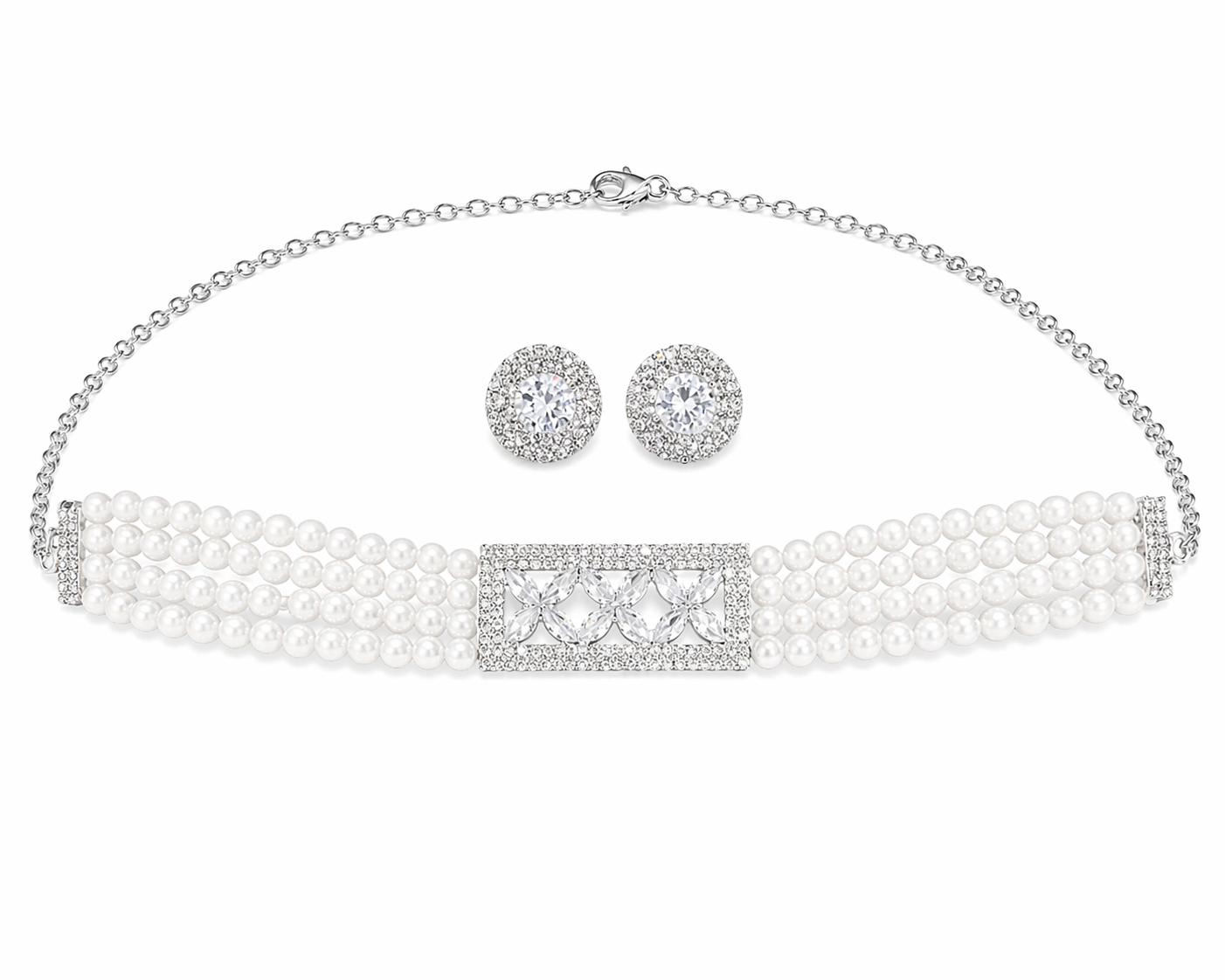 Pearl Choker Necklace Set with Floral AD Centerpiece