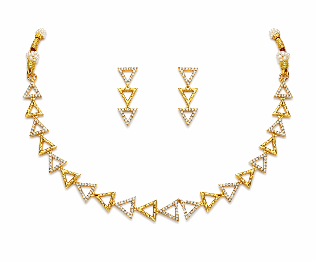 Geometric Triangle Gold Necklace Set with Drop Earrings