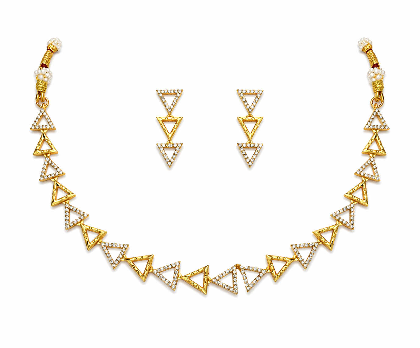 Geometric Triangle Gold Necklace Set with Drop Earrings