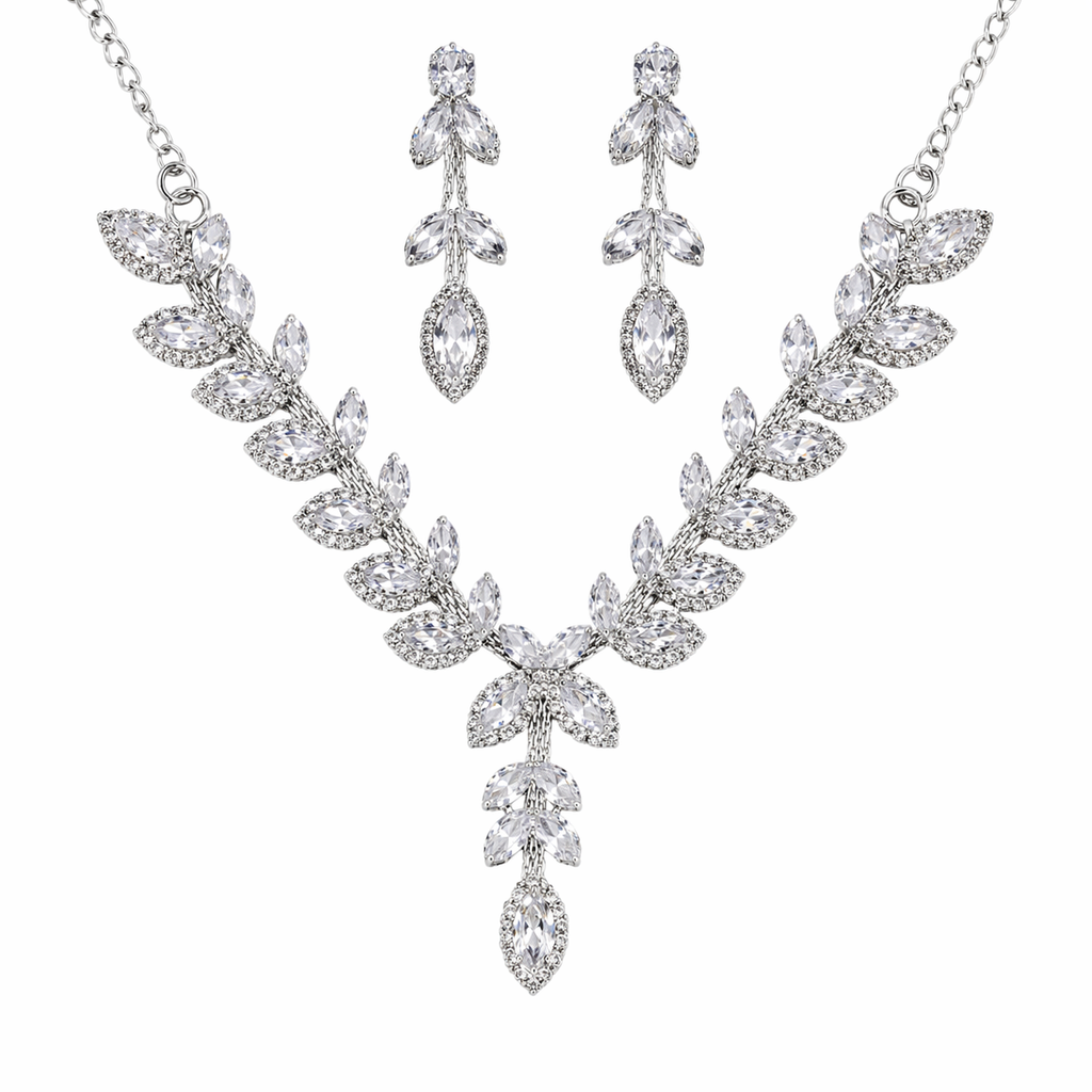 Silver Leaf Design Necklace Set with Drop Earrings