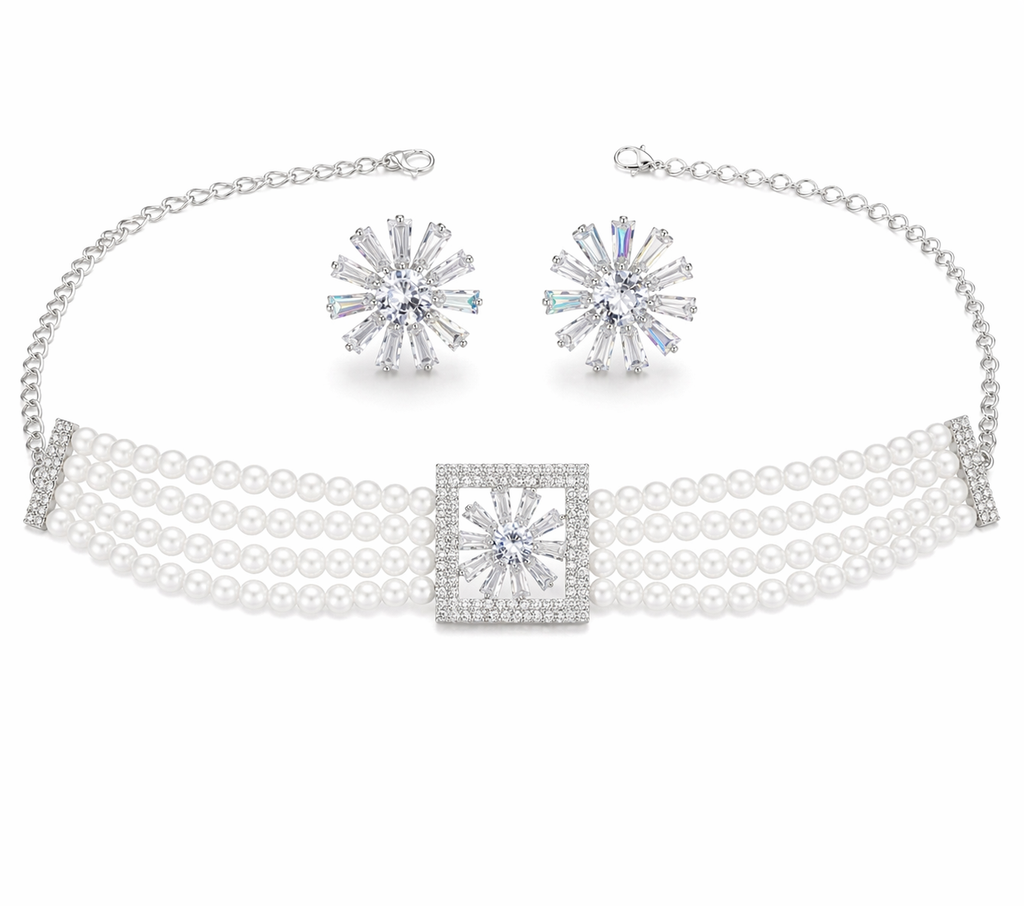Pearl Choker Necklace Set with AD Stone Earrings