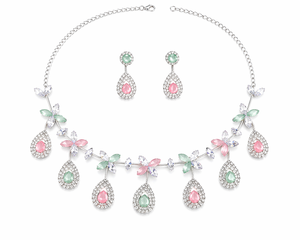 Pastel Floral Drop Necklace Set with Teardrop Earrings