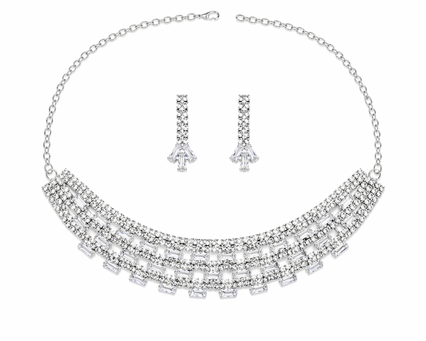 Premium Silver Stone Necklace Set with Baguette Design