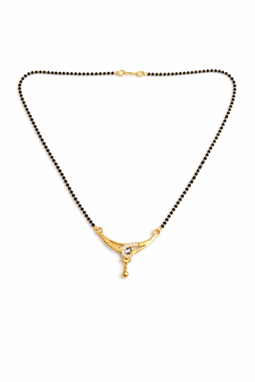 Gold-Plated Traditional Mangalsutra with American Diamond Accent and Black Beaded Chain for Women