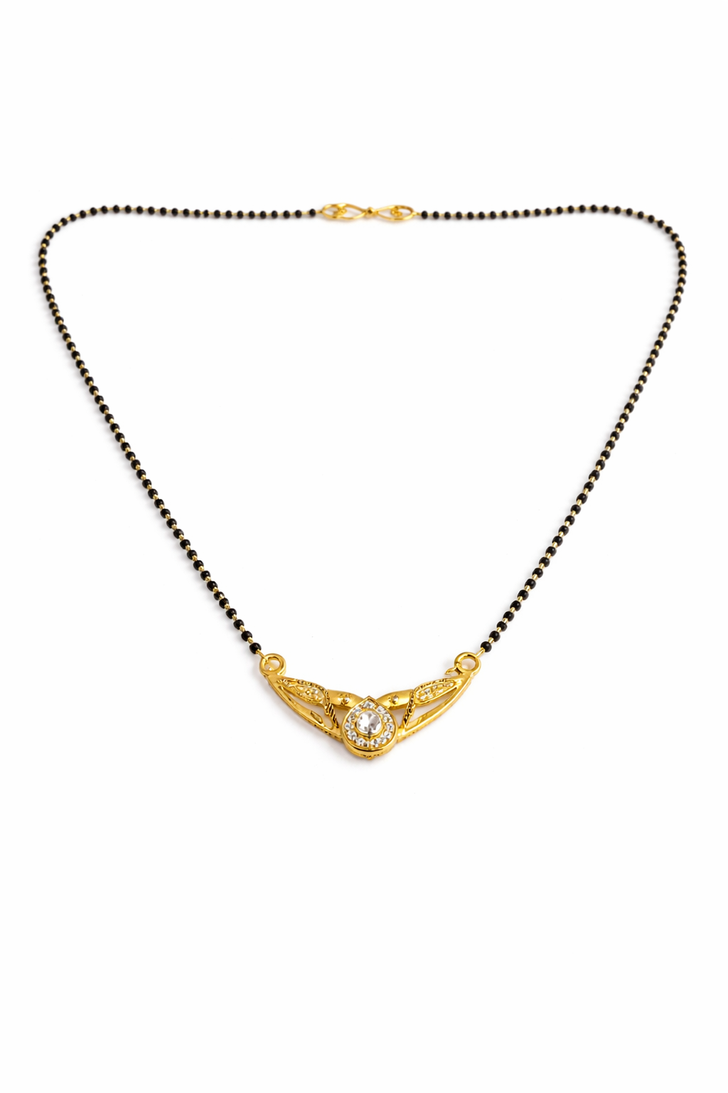 Gold-Plated Traditional Mangalsutra with American Diamond Round Pendant and Black Beaded Chain for Women