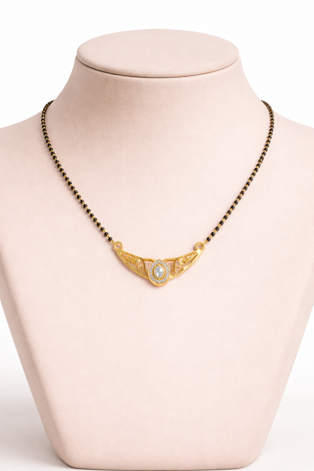 Gold-Plated Traditional Mangalsutra with American Diamond Round Pendant and Black Beaded Chain for Women