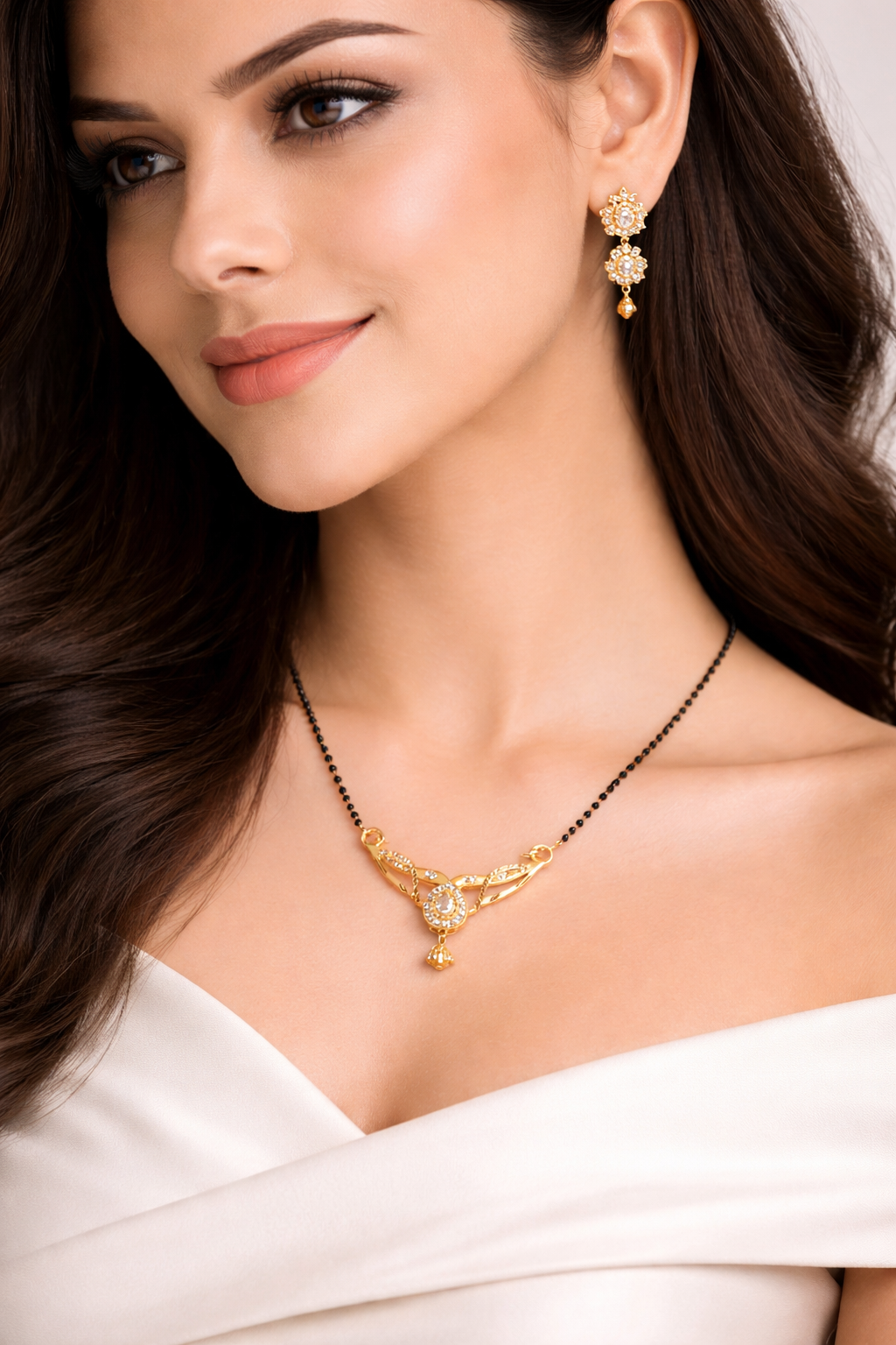 Gold-Plated Traditional Mangalsutra with American Diamond Round Pendant and Black Beaded Chain for Women