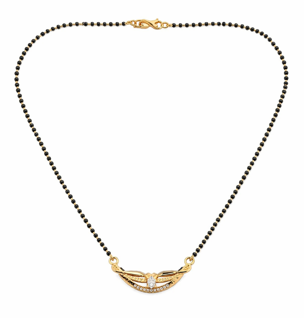 Gold-Plated Traditional Mangalsutra with American Diamond Floral Center and Black Beaded Chain for Women