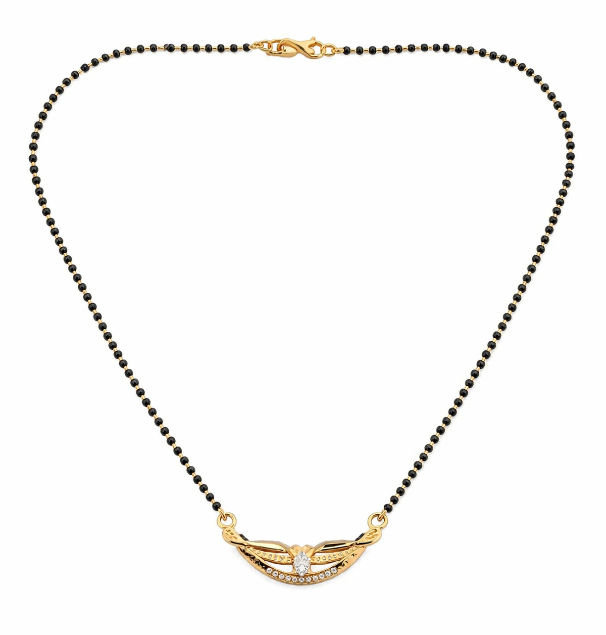 Gold-Plated Traditional Mangalsutra with American Diamond Floral Center and Black Beaded Chain for Women