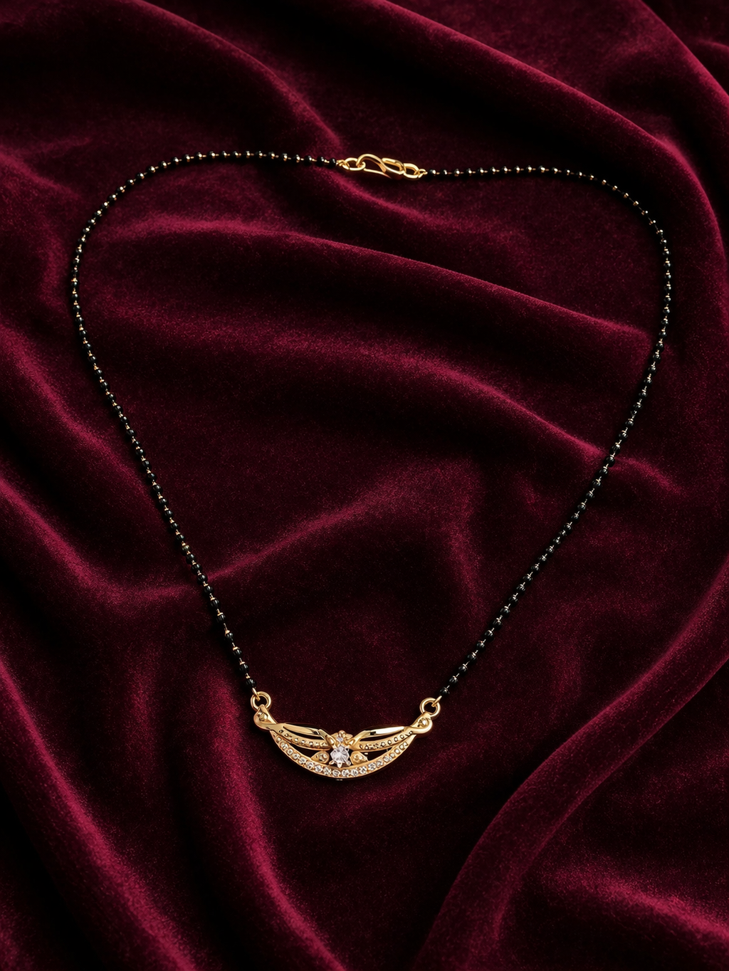 Gold-Plated Traditional Mangalsutra with American Diamond Floral Center and Black Beaded Chain for Women