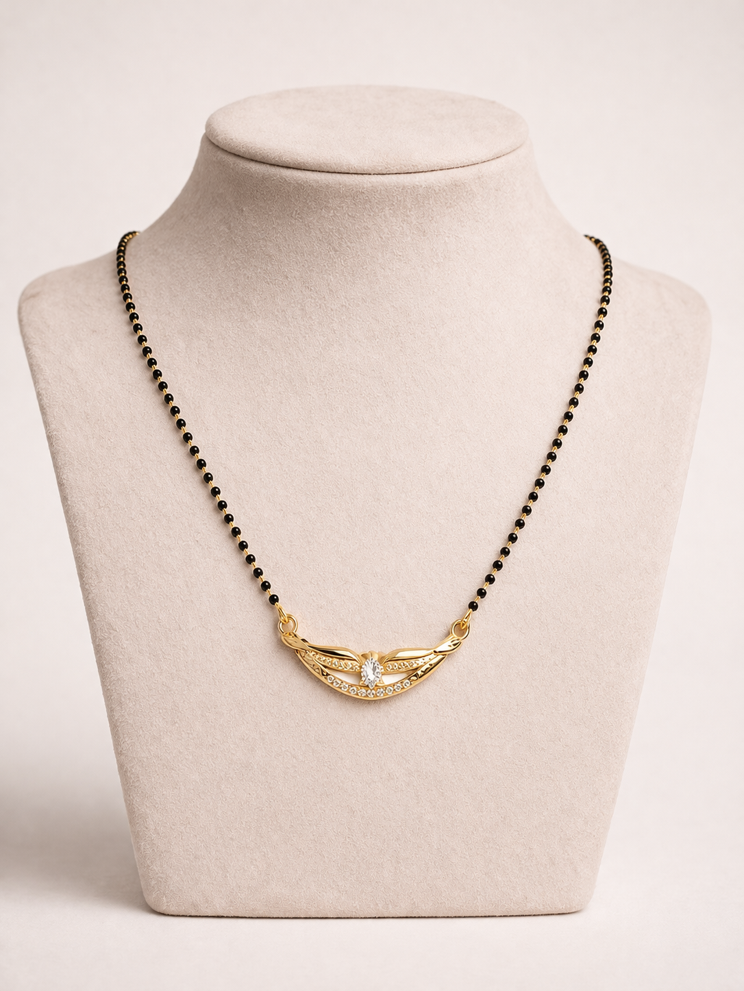 Gold-Plated Traditional Mangalsutra with American Diamond Floral Center and Black Beaded Chain for Women