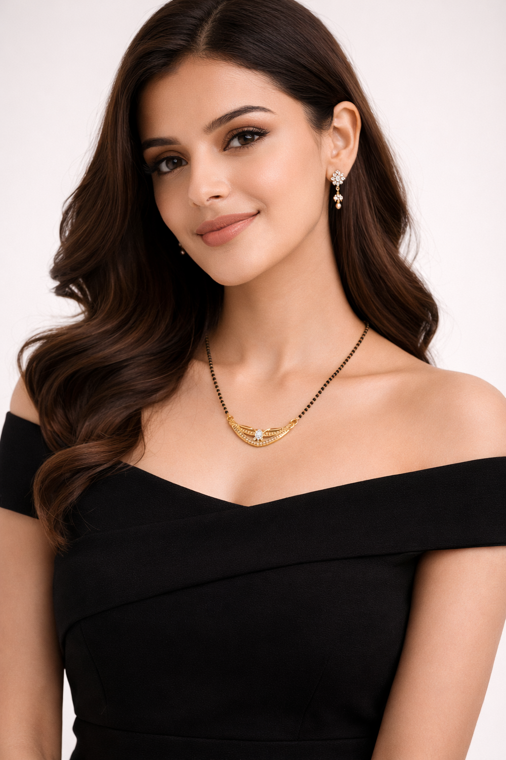 Gold-Plated Traditional Mangalsutra with American Diamond Floral Center and Black Beaded Chain for Women