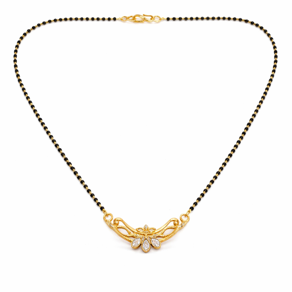 Gold-Plated Traditional Mangalsutra with American Diamond Floral Pendant and Black Beaded Chain for Women