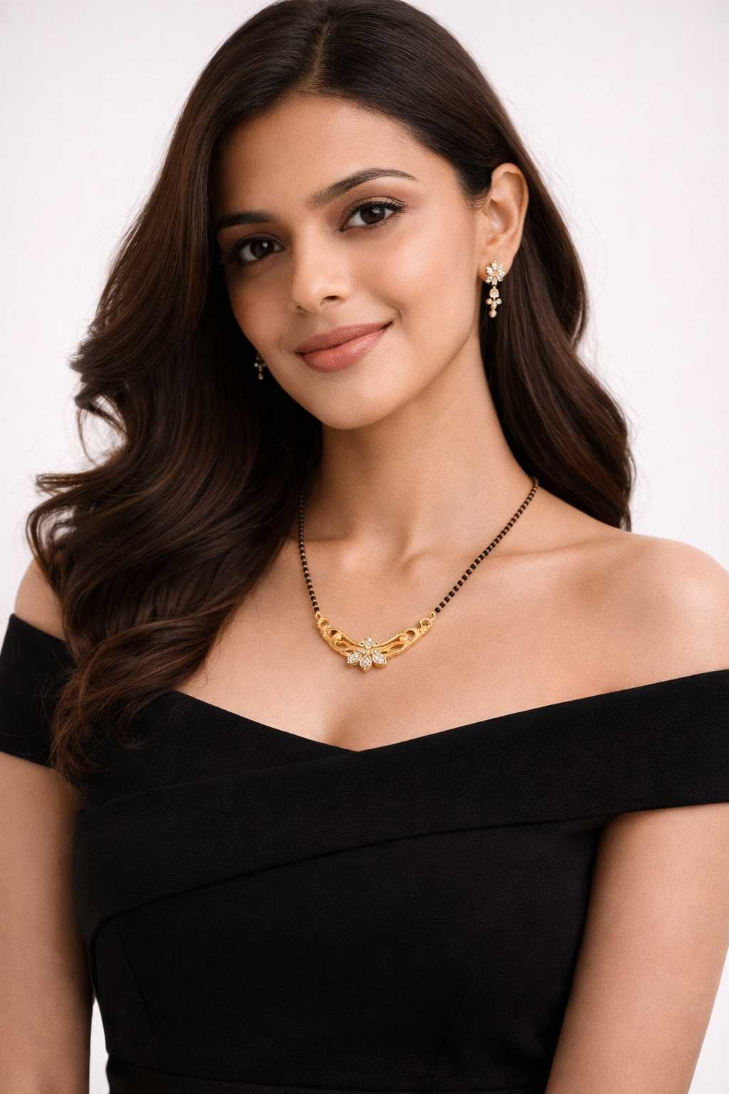 Gold-Plated Traditional Mangalsutra with American Diamond Floral Pendant and Black Beaded Chain for Women