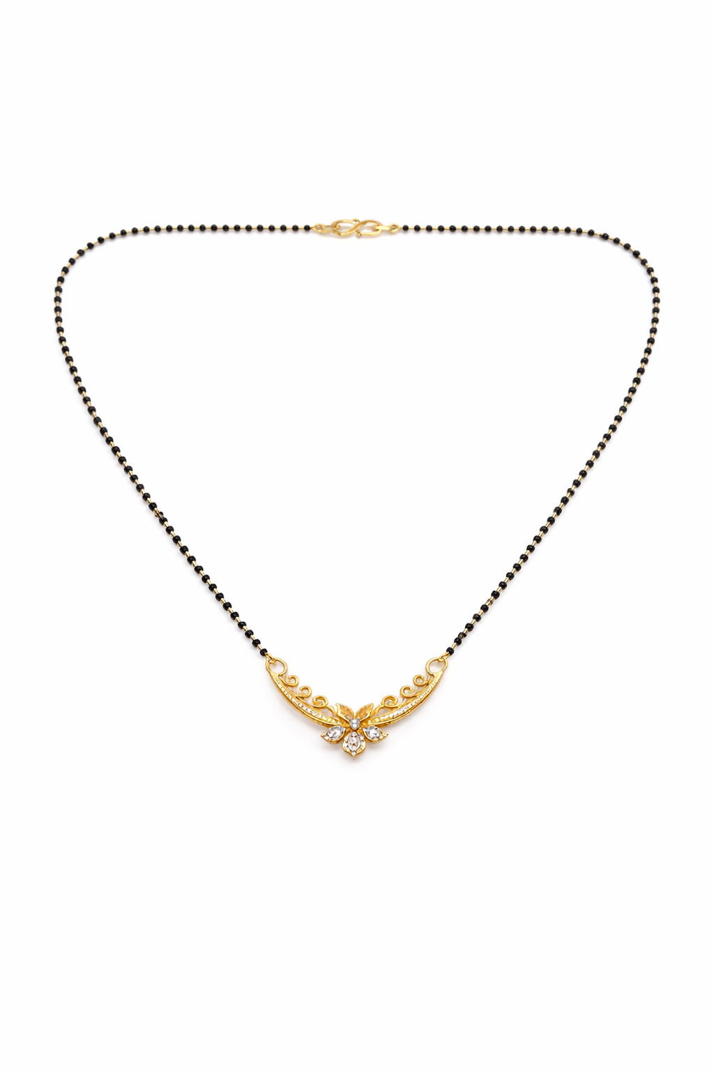 Gold-Plated Traditional Mangalsutra with American Diamond Floral Pendant and Black Beaded Chain for Women